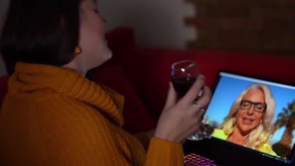 一个女人带着一杯葡萄酒在电视上交谈 — 图库视频影像