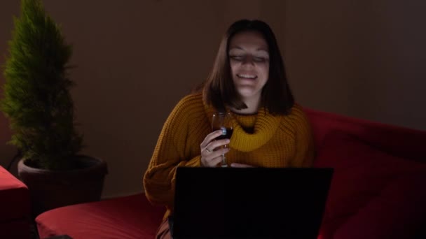 幸せな女性がノートパソコンで誰かと話していて — ストック動画