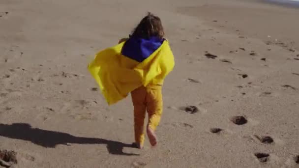 Little Girl with flag of Ukraine running on the sandy beach — ストック動画
