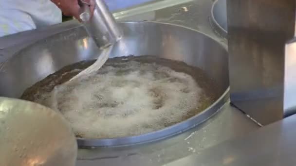 Matosinhos Portugal 2022 Man Cooking Churros Presses Dough Boiling Oil — Stock Video