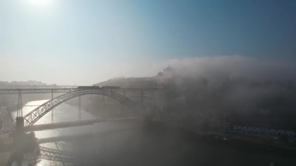 Porto Aerial Cityscape Luis Bridge Douro River Amazing Sea Mist — Vídeo de stock