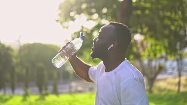 Gelukkige Jonge Afro Amerikaanse Man Het Park Die Water Drinkt — Stockvideo