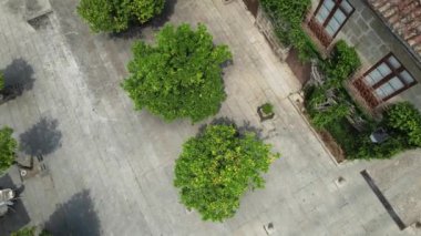 Drone flying over Square with orange trees in downtown of ancient city Guimaraes, North of Portugal 