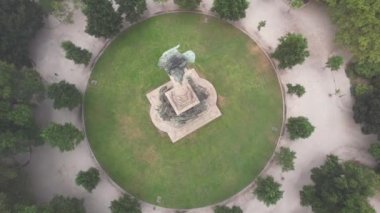 Circle Top view of the monument at Rotunda da Boavista a foggy day. Porto, Portugal. 