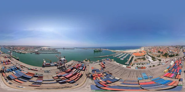 360 degree panoramic landscape panorama of an industrial container terminal in the commercial port of Matosinhos. Global transportation and logistic business.