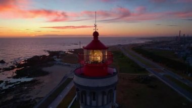 Evening Aerial view over the lighthouse in Leca da Palmeira, Matosinhos. North Portugal