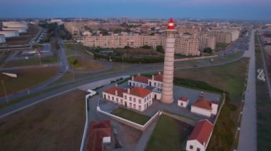 Evening Aerial view over the lighthouse in Leca da Palmeira, Matosinhos city. North Portugal