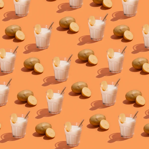Pattern Milk Glass Potato Beige Background Creative Minimalism Healthy Food — 스톡 사진