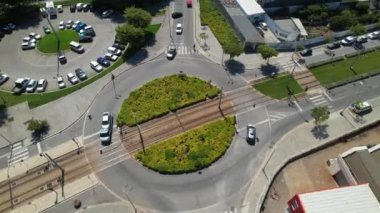 Aerial drone view of circle traffic in the City of Povoa de Varzim, Porto region, Portugal. 