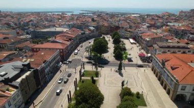 Aerial drone view of Almada Square in the City center of Povoa de Varzim, Porto region near Atlantic Ocean, Portugal. 