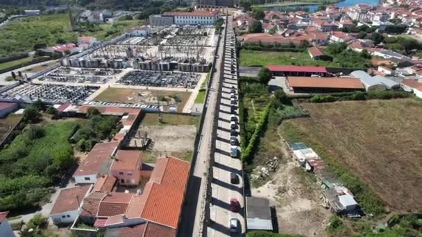 Aerial drone view of the old historical city Vila do Conde with Santa Clara Aqueduct in the North of Portugal