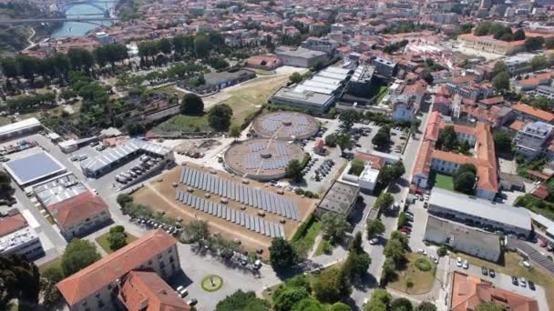 Aerial Drone View Solar Panels Porto City Typical Tile Red – Stock-video