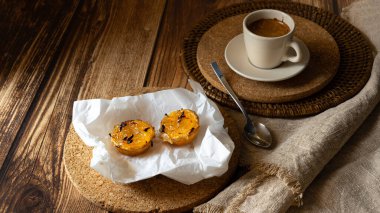 Typical Portuguese dessert pastel de chila - pastry tarts of squash with a cup of coffee. traditional portuguese sweets