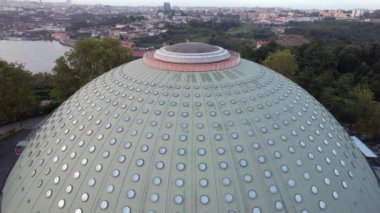 Aerial view, flying over The Crystal Palace near Douro river in the city center of Porto city. Portugal