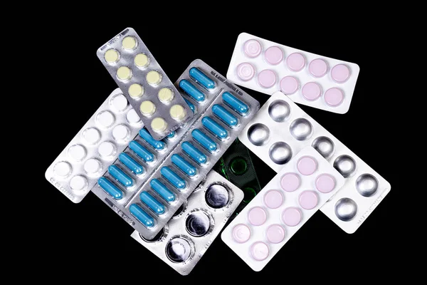 Capsule Pillen Blister Een Zwarte Achtergrond — Stockfoto