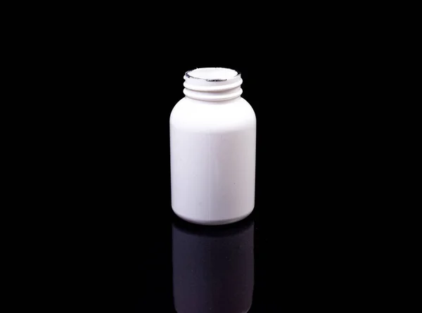 Botella Vista Superior Maqueta Para Pastillas Vitaminas Sobre Fondo Negro — Foto de Stock