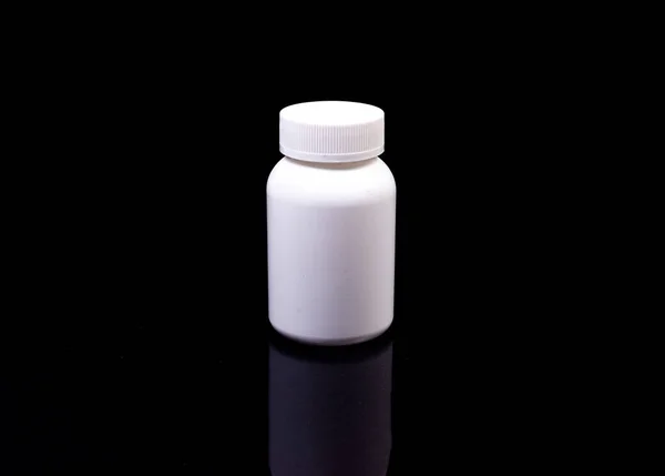 Botella Vista Superior Maqueta Para Pastillas Vitaminas Sobre Fondo Negro — Foto de Stock