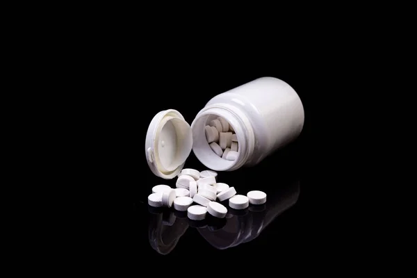 Bouteille Maquette Vue Dessus Pour Pilules Vitamines Sur Fond Noir — Photo