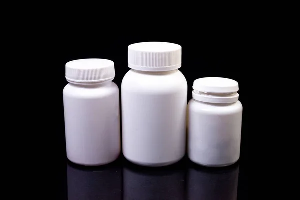 Top Garrafa Vista Mockup Para Pílulas Vitaminas Fundo Preto Bio — Fotografia de Stock