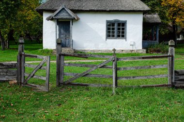 Eski bir kulübenin ahşap duvarındaki eski, beyaz, yıpranmış kapı. Geleneksel kütük. Boya soyuluyor. Terk edilmiş bir evin eşiği çalılarla kaplıdır. Paslı bir çaya asma kilit takılmış. Dikey.