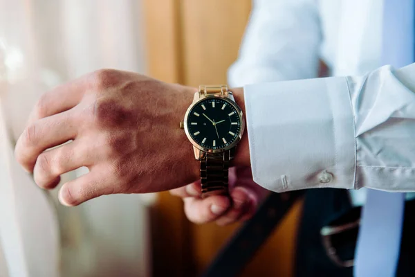 Businessman Checking Time His Wrist Watch Man Putting Clock Hand — Stock Photo, Image