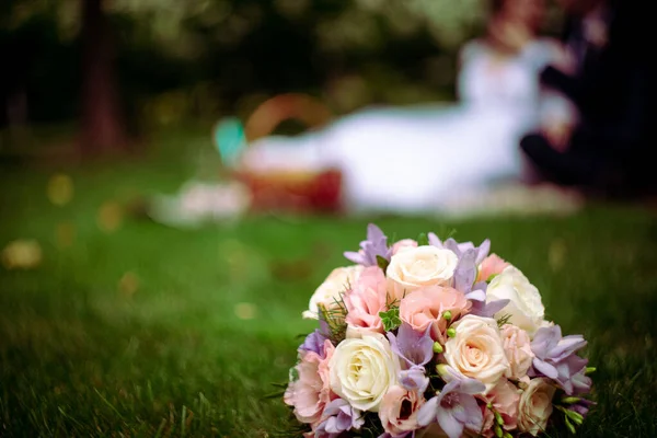 Wedding Bouquet Made White Roses Wedding Bouquet Bride Lawn Table Royalty Free Stock Photos