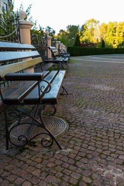 Yazın ağaçlarla dolu sessiz bir parkta ahşap romantik bir bank