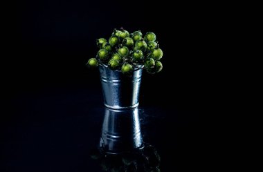 Alüminyum buz kovası kullanılmak üzere hazırlandı. Yansıması olan paslanmaz çok renkli kovalar, izole siyah arkaplan, buzda yeşil böğürtlen