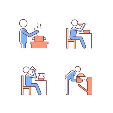 Pişirme rotini RGB renk simgeleri ayarlanıyor. Evde yemek hazırlığı. Sağlıklı beslenme alışkanlıkları. Her gün, her gün insan hayatı. İzole vektör çizimleri. Basit çizgi çizimleri koleksiyonu