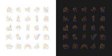 İnsan davranış eğrisi simgeleri karanlık ve aydınlık moduna ayarlandı. Günlük rutin işler. İnce çizgili sembol demetleri. Siyah ve beyaz üzerine izole vektör ana hatları koleksiyonu