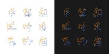 Günlük yaşam gradyanı simgeleri karanlık ve aydınlık mod için ayarlandı. Sıradan ev işleri işte. İnce çizgili sembol demetleri. Siyah ve beyaz üzerine izole vektör ana hatları koleksiyonu