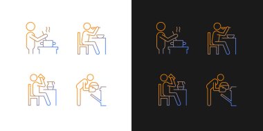 Koyu ve aydınlık moduna göre yemek pişirme eğrisi simgeleri ayarlanıyor. Evde yemek hazırlığı. İnce çizgili sembol demetleri. Siyah ve beyaz üzerine izole vektör ana hatları koleksiyonu