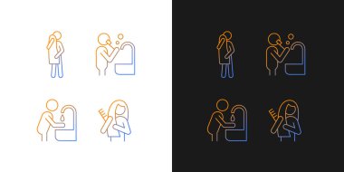 Günlük yaşam gradyan simgeleri karanlık ve aydınlık moduna ayarlandı. Sağlıklı yaşam için alışkanlıklar. İnce çizgili sembol demetleri. Siyah ve beyaz üzerine izole vektör ana hatları koleksiyonu