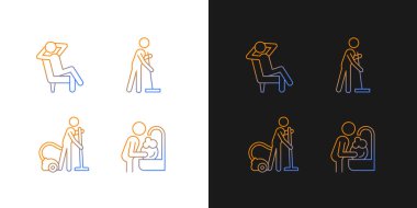 Karanlık ve aydınlık mod için ev işleri gradyan simgeleri ayarlandı. Oda servisi süreci. İnce çizgili sembol demetleri. Siyah ve beyaz üzerine izole vektör ana hatları koleksiyonu