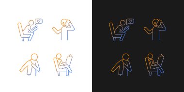 Karanlık ve aydınlık mod için günlük yaşam gradyan simgeleri. Telefon ediyorum. İnce çizgili sembol demetleri. Siyah ve beyaz üzerine izole vektör ana hatları koleksiyonu