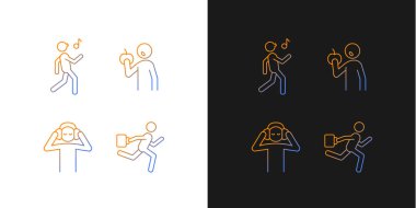 Karanlık ve aydınlık mod için günlük etkinlik gradyan simgeleri ayarlandı. Sağlıklı beslenme alışkanlıkları. İnce çizgili sembol demetleri. Siyah ve beyaz üzerine izole vektör ana hatları koleksiyonu