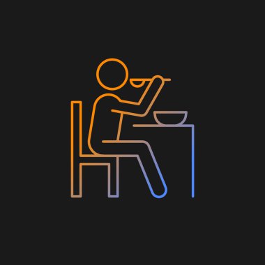 Karanlık tema için gradyan vektör simgesini ye. Yemek yiyen bir adam. - Evet. Masada yemek yemek. Sağlıklı beslenme alışkanlıkları. İnce çizgi renk sembolü. Modern tarz pictogram. Vektör izole çizimi