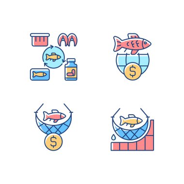Balık ürünleri üretimi ve RGB renk simgeleri seti. Ticari balıkçılık. Ticaret için deniz ürünleri üretiyorum. Miktar. İzole vektör çizimleri. Basit çizgi çizimleri koleksiyonu