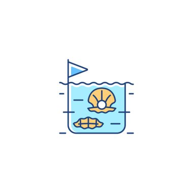 Pearl Farming RGB renk ikonu. Ticari değerli taş üretimi. İnci çıkarma. Perilikülsiyon. Ticari kabuklu deniz ürünleri işleniyor. İzole vektör çizimi. Basit doldurulmuş çizgi çizimi