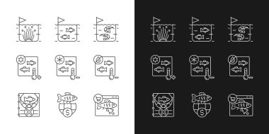 Balık ürünleri yetiştirme ve karanlık ve aydınlık moduna göre doğrusal ikonlar depolama. Sterilizasyon ve koruma. Özelleştirilebilir ince çizgi sembolleri. İzole vektör çizimi çizimleri. Düzenlenebilir vuruş