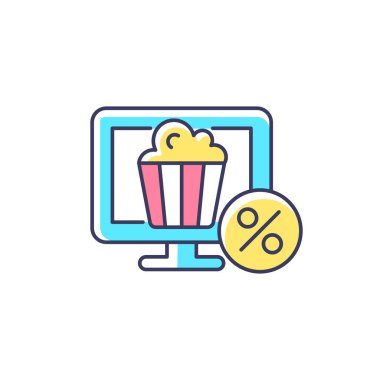 Çevrimiçi sinema aboneliği için indirimler RGB renk simgesi. Çalışan memnuniyetini arttır. Eğlence servisine erişim sağlıyorum. İzole vektör çizimi. Basit doldurulmuş çizgi çizimi