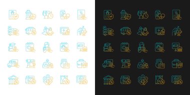 Karanlık ve aydınlık mod için çalışan ikramiyeleri ve gradyan simgeleri ayarlandı. İşyeri faydaları. İnce çizgili sembol demetleri. Siyah ve beyaz üzerine izole vektör ana hatları koleksiyonu