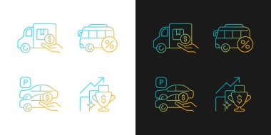 İş gradyan simgelerindeki şirket ikramiyeleri karanlık ve aydınlık moduna ayarlandı. Yer değiştirme yardımı. İnce çizgili sembol demetleri. Siyah ve beyaz üzerine izole vektör ana hatları koleksiyonu