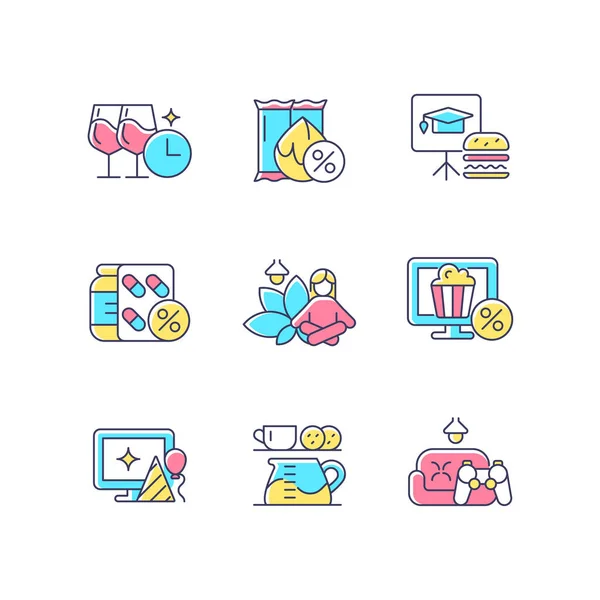 Employee Benefits Wellbeing Rgb Color Icons Set Providing Corporate Discounts — Stock Vector