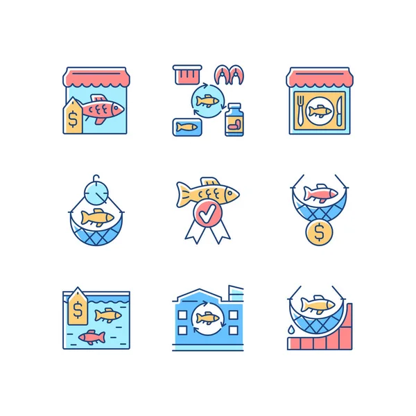 Ikon Warna Rgb Perikanan Komersial Ditetapkan Restoran Makanan Laut Dan Stok Ilustrasi 