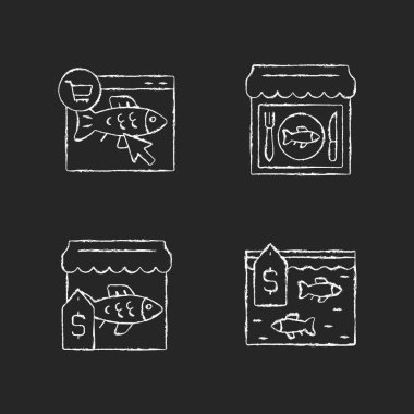 Koyu arkaplanda beyaz tebeşir ikonları satan deniz ürünleri. Balıkçılık endüstrisi. Balık pazarı ve internet mağazası. Deniz ürünleri süpermarketi. Siyah üzerine izole vektör karatahta çizimleri