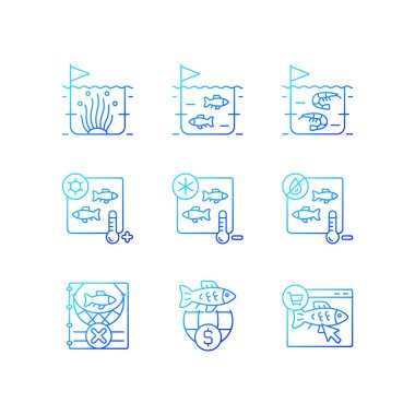 Balıkçılık ve depolama gradyan vektör simgeleri ayarlandı. Sterilizasyon ve koruma. Ticari balıkçılık. İnce çizgili sembol demetleri. İzole edilmiş taslak illüstrasyon koleksiyonu