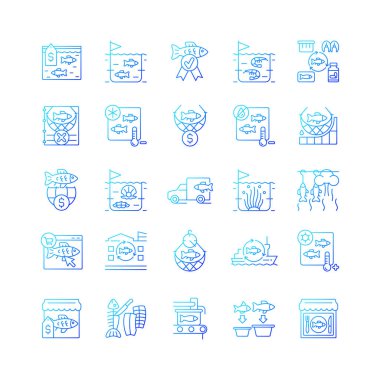 Balıkçılık endüstrisi gradyan doğrusal vektör simgeleri ayarlandı. Deniz mahsulleri yakalayıp hazırlıyorum. İşlem ve çiftçilik. Konserve fabrikası. İnce çizgili sembol demetleri. İzole edilmiş taslak illüstrasyon koleksiyonu