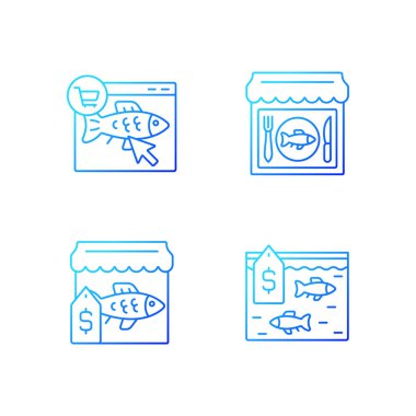 Deniz ürünleri ürünleri gradyan doğrusal vektör simgeleri satılıyor. Balıkçılık endüstrisi. Balık pazarı, online dükkan. Deniz ürünleri dükkanı. İnce çizgili sembol demetleri. İzole edilmiş taslak illüstrasyon koleksiyonu