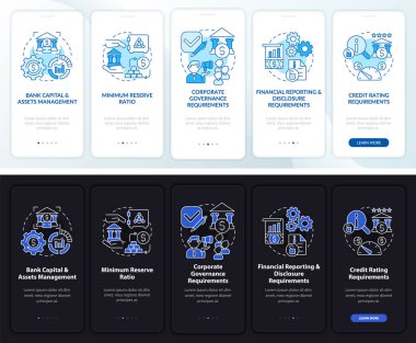Mobil uygulama ekranında banka denetimi. Varlık yönetimi kavramlarla birlikte 5 aşamalı grafik talimatları gözden geçirir. UI, UX, GUI vektör şablonu doğrusal gece ve gündüz kip çizimleri